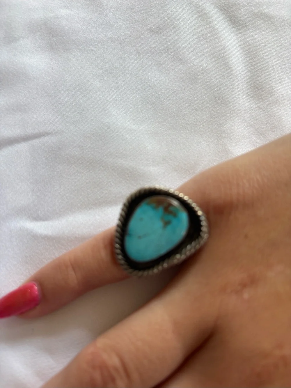 Teardrop Turquoise Statement Ring in Silver-Tone Setting size 6.5